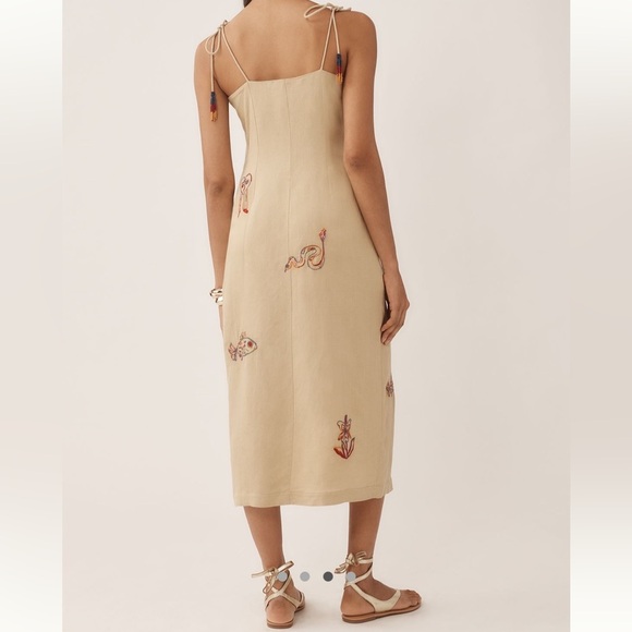 FARM Rio x Anthropologie Tan Embroidered Linen Blend Midi Dress NEW small - Picture 6 of 15